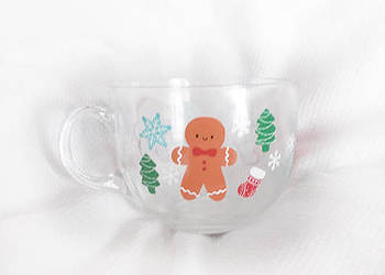 świąteczny kubek ze szkła, ciastek kubek z uchem, ciastek szklanka szeroka