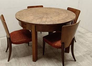 stół art Deco stary drewniany okrągły rozkładany vintage fornir orzech