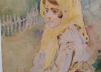 Wiejska dziewczynka akwarela antyk