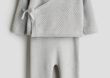 Szary komplet H&M 68 bawełna lyocell sweterkowy spodnie kardigan niemowlęcy
