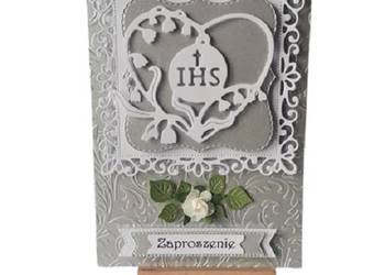 ZAPROSZENIA KOMUNIA UNIWERSALNE IHS W SERCU B6 SREBRO-BIEL