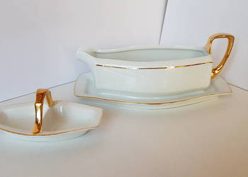 Stara sosjerka i przyprawnik, fason Lwów, Huta Franciszka, porcelana