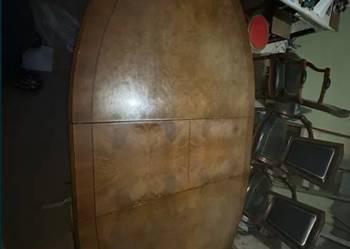 Duży stół z litego drewna + 6 krzeseł | skóra naturalna | komplet