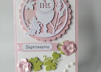 ZAPROSZENIA KOMUNIA DZIEWCZYNKA KIELICH KŁOS W OKRĘGU B6 RÓŻ - BIEL