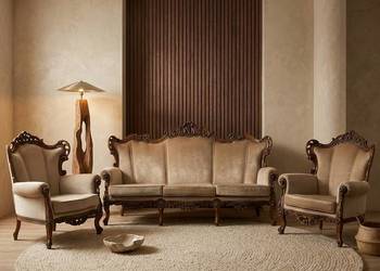 KOMPLET mebli salonowych KANAPA + 2 FOTELE BUK styl LUDWIK XV plusz beżowy