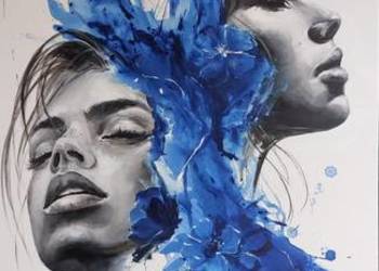 Obraz portret Siostry nowoczesny duży obraz do salonu sypialni kobalt