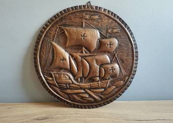 Stary duży miedziany obraz Żaglowiec, Galeon,, metaloplastyka design PRL