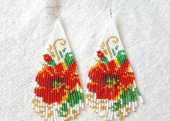 Duże kolczyki koralikowe boho etno bohemian mak kwiat róża floral czerwony