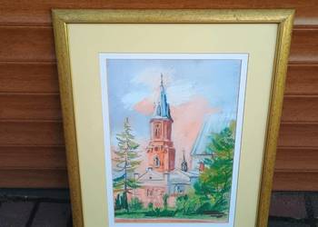 Obraz wieża kościelna z przyległymi budynkami i ogrodem