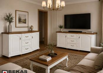 Prześliczna Biała Komoda 120 -180` z Dębowym Blatem od BEKAS Meble