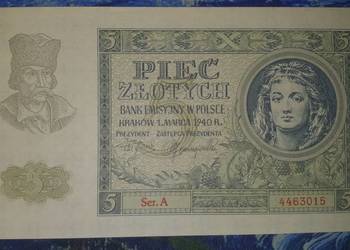 RZADKOŚĆ !!! 5 złotych 1940 s. A UNC/UNC- !!!
