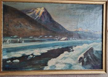 Stary przedwojenny obraz olejny Tatry