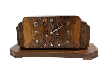 Zegar kominkowy Art Deco fornir orzechowy, mechaniczny, Niemcy Lata 20. XX