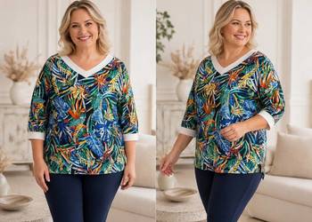 Bluzka damska MY ANGEL bawełna L XL tropikalny wzór dekolt V rękaw 3/4 plus