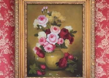 Stylowy Obraz Olej Płótno Kwiaty Bukiet 
Złota Drewniana Rama 54 x 44