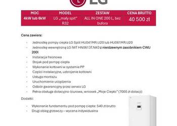 Pompa ciepła LG 4-6 kW split. Szafa hydrauliczna CWU 200l stal. Montaż