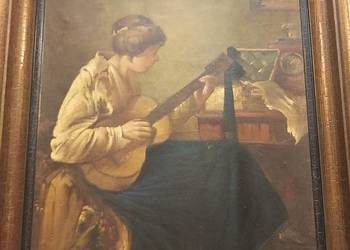 Olej na płótnie Dziewczyna z gitarą Alfred Bastin XIX/XXw 73/55cm