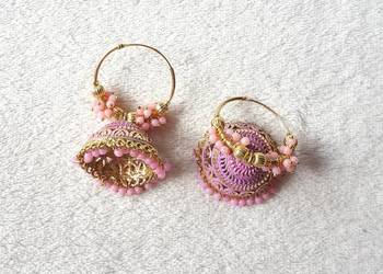 Złote różowe kolczyki indyjskie orient duże jhumki róż Bollywood boho etno