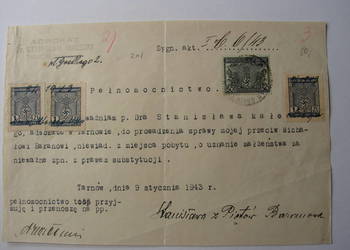 Tarnów 1943 r - znaczki skarbowe z gapą - pełnomocnictwo/ adwokat