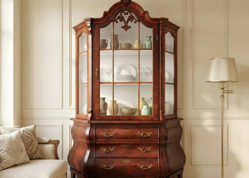 DREWNIANA WITRYNA 202 cm mahoń BIBLIOTEKA białe wnętrze NEOBAROK brzuchatka