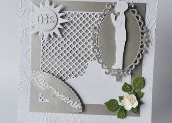 ZAPROSZENIA KOMUNIA CHŁOPIEC W RAMCE KORONKOWEJ K4 SREBRO - BIEL