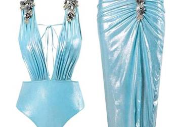 Bikini strój kąpielowy błękitny połysk cyrkonie kamienie kryształki