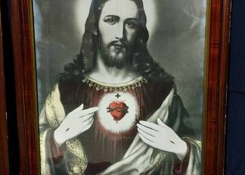Stary obraz Jezus Serce Jezusa w drewnianej ramie, szyba 48x59 vintage