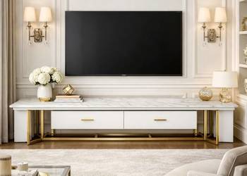 Szafka RTV złota Italiano Glamour Premium z blatem marmurowym 200x45x42