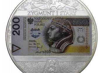 GIGANT 70 mm Moneta Banknot Srebro 200 zł Zygmunt Stary + CERTYFIKAT