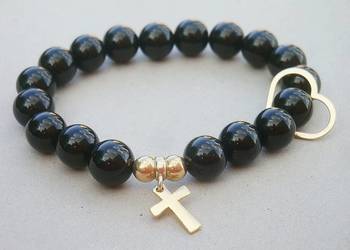 Bransoletka damska z Onyksu czarnego z kulkami, krzyżykiem i sercem