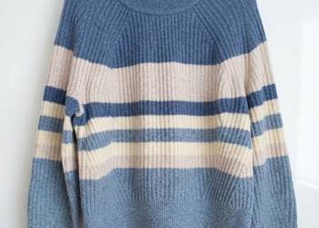 Niebieski ciepły mięsisty sweter w beżowe paski L XL XXL Marks Spencer