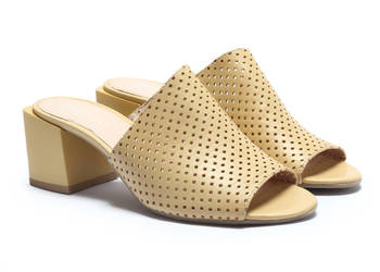 Skórzane ażurowe klapki na obcasie Żółty (Roz 36 - 41)