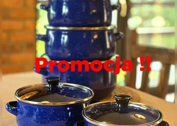 Garnki emaliowane niebieskie kropki wyprzedaż