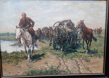 Obraz olej na płótnie Stanisław Wasilewski konie tabor