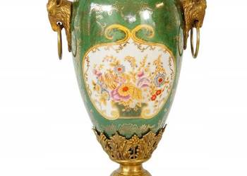 Porcelanowy wazon okuty brązem świecznik zielony piękny kwiaty Porcelanowy wazon okuty brązem świecznik zielony piękny kwiaty