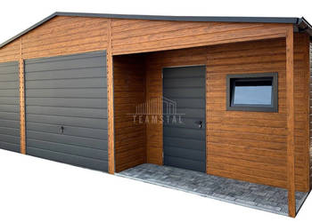 Garaż blaszany 9,5x6m wnęka 2x brama uchylna drzwi 3x okno TS1147