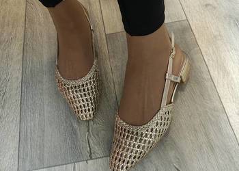 (38) Złote, plecione baleriny wieczorowe niskie czółenka wieczorowe, NOWE