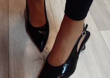 (41) London Rebel/ Czarne czółenka wieczorowe z odkrytą piętą, NOWE