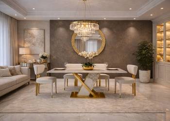 Stół złoty okrągły Glamour Nowojorski z kamiennym blatem o wzorze marmur