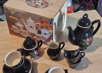 Ekskluzywny serwis kawowy porcelana Głęboki Granat Róże 15 el. Vintage
