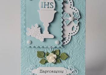 ZAPROSZENIA KOMUNIA CHŁOPIEC KIELICH W RAMCE – SERWETKA B6 BŁĘKIT - BIEL