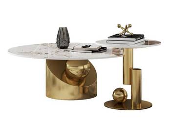 Zestaw złotych stolików kawowych Premium Milen z kamiennym blatem marmurko…