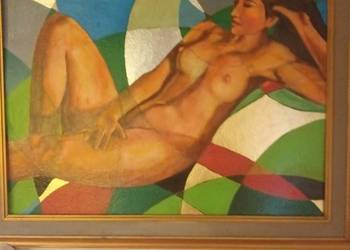 Akt kobiety w kolorstycznym otoczeniu oraz złociste tło tytuł Justyna S