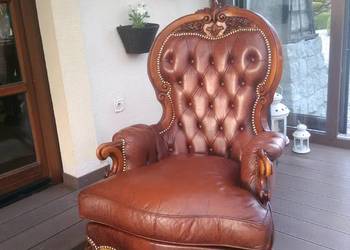 Fotel Ludwik/Barok Rzeźbione Skóra Antyk Stan BDB