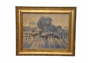 ST Kamocki - Pejzaż Polskiej Wsi - Krowy w Zagrodzie - Stary Obraz Olejny