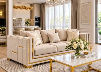 Designerska sofa glamour ze złotymi nogami, rozkładana do salonu