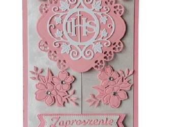 Zaproszenia Komunia Dziewczynka IHS W Kwiatach Otwierane B6 Róż – Biel