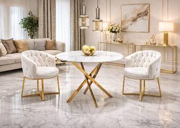 Stół okrągły Nordic złoty z szybą o wzorze marmuru 100x75