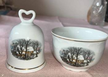 Dzwonek z miseczką. Sygnowany Crown. Bavaria. Germany.  Z zimowymi widoczka