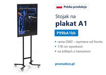 Mobilny czarny stojak na plakat A1 OWZ na kółkach do salonu i sklepu